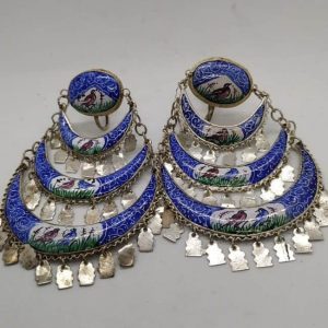 Vintage Jewelry Blue Enamel  Earings. Handmade earings enameled birds & foliage designs set in sterling silver Yemenite filigree . Dimension 6 cm X 2.2 cm .