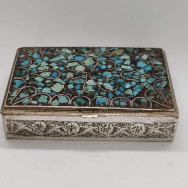 Vintage Tobacco Box Silver. Vintage handmade silver tobacco box set with genuine turquoises .Dimension 4.2 cm X 6.2 cm X 1.2 cm approximately.