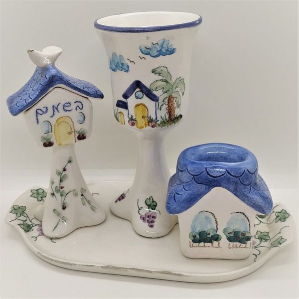 Handmade glazed ceramic Havdalah set made by Mako. He has drawn house designs over the cup , candle holder and spice box.
