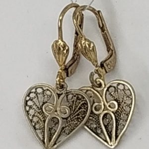 Yemenite jeweler made this earrings Yemenite filigree heart shape and finally he dipped it in 14 carat gold plating 1.3 cm X 1.3 cm approximately.