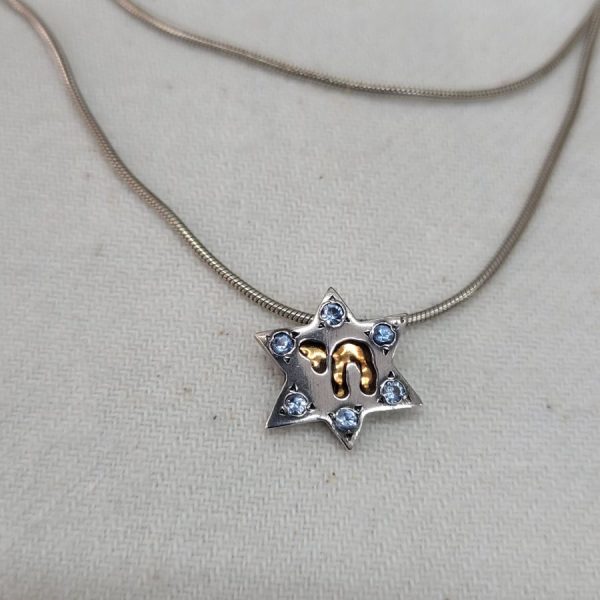 Silver Gold MagenDavid Star Hay Pendant handmade star 14 carat gold on silver frame with chain. The jeweler has set 6 blue stones.