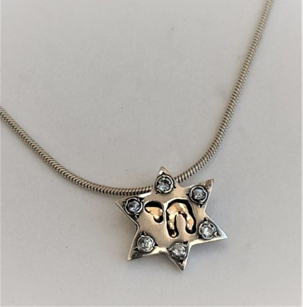 Silver Gold Magen David Star Hay Pendant handmade star 14 carat gold on silver frame with chain. The jeweler has set 6 blue stones.