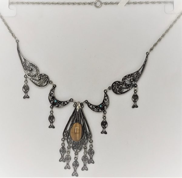 Vintage Necklace Sterling Silver Filigree Tiger Eyes handmade. Yemenite jeweler made this very fine vintage Yemenite filigree handmade in early 1950's.