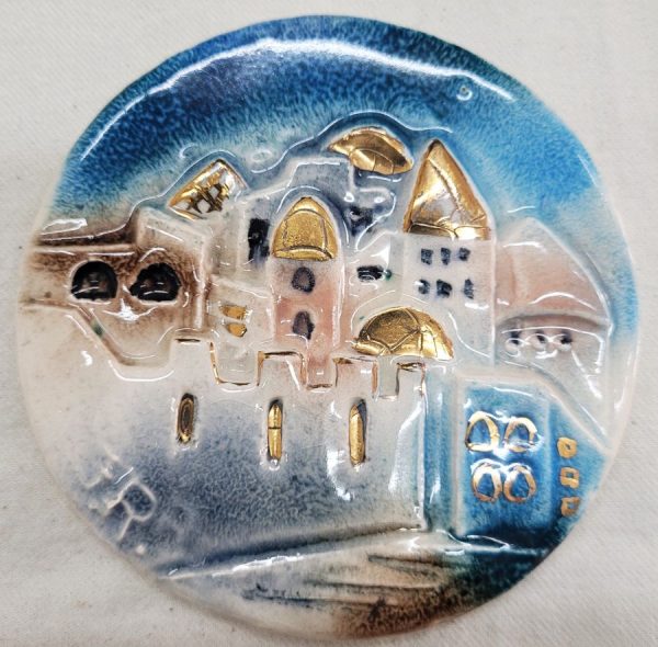 Handmade glazed fine ceramic tile Jerusalem city made by Ruth Factor exhibiting the different old construction in Jerusalem.