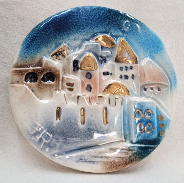 Handmade glazed fine ceramic tile Jerusalem city made by Ruth Factor exhibiting the different old construction in Jerusalem.