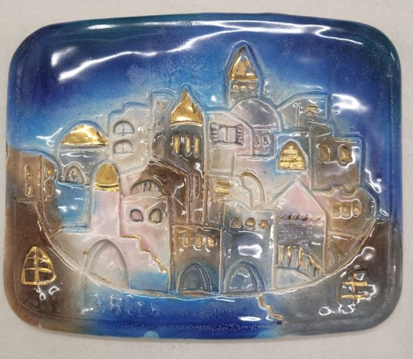 Handmade glazed fine ceramic tile Jerusalem city made by Ruth Factor exhibiting the different old construction in Jerusalem.
