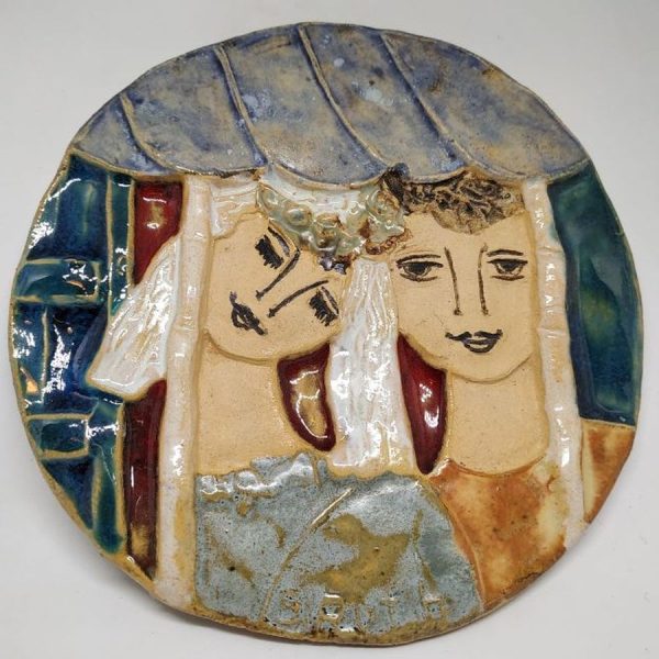 Handmade glazed ceramic king David's wedding ceramic tile with Bathsheba under the wedding canopy. Dimension diameter 23.5 cm.