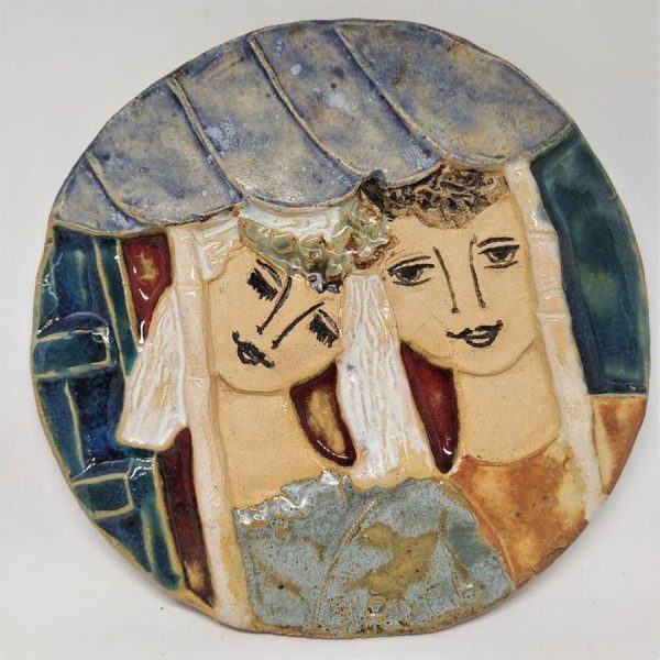 Handmade glazed ceramic king David's wedding ceramic tile with Bathsheba under the wedding canopy. Dimension diameter 23.5 cm.