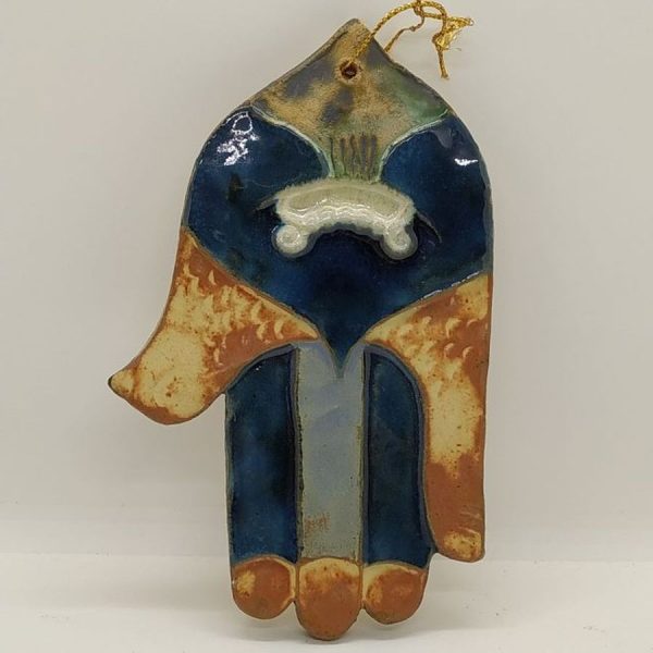 Handmade glazed ceramic wall hanging Ruth Tile Hamsa Yellow Chamsa with yellow and blue colors, designed and made by Ruth Factor.