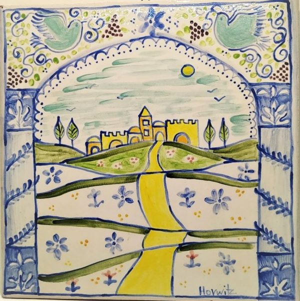 Ceramic Tile Jerusalem City. This pastel colors ceramic tile was made by Horwitz. It describes the way to old Jerusalem in peaceful colors.