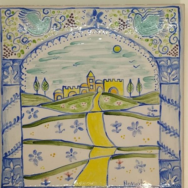 Ceramic Tile Jerusalem City. This pastel colors ceramic tile was made by Horwitz. It describes the way to old Jerusalem in peaceful colors.