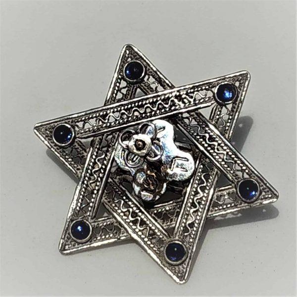 Hanukah Dreidel Sevivon Silver Filigree Magen David Star handmade by S.Ghatan Katan. Handmade sterling silver Magen David star with blue crystal stones.