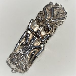 Handmade sterling Silver Mezuzah Adam Eve contemporary design of Adam and Eve eating the apple. Suitable for parchment up to 11 cm.