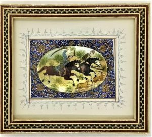 Deer Hunting Painting Framed is original oil paint on mother of pearl from the middle east made during the 1970's.
