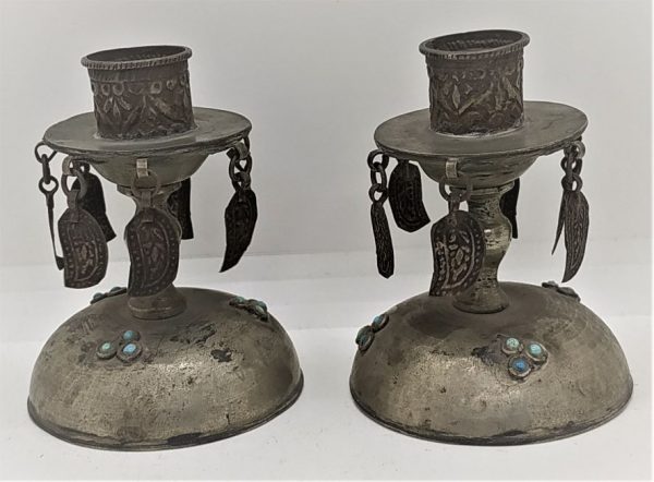 Vintage Mideast Silver Candlesticks made in the middle east end of 19th century. Low silver candlesticks set with real turquoise stones.