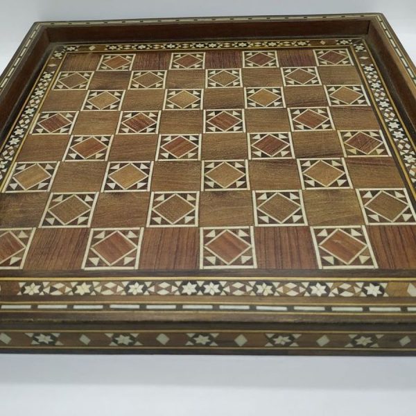 Vintage Handmade Chess Board Mosaic Wood from the middle east 1940's.Perfect condition. Dimension 28.4 cm X 28.4 cm approximately.