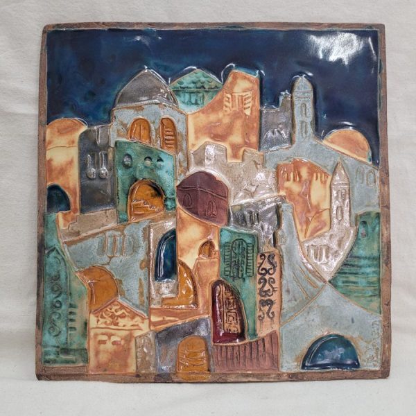 Handmade glazed ceramic square tile Jerusalem view, you might feel the serenity and holiness through the colors Ruth skillfully combined.