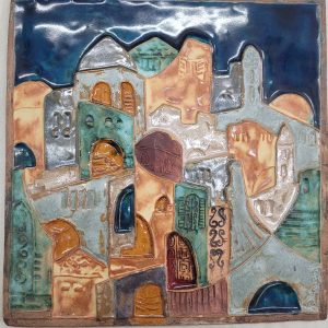 Handmade glazed ceramic square tile Jerusalem view, you might feel the serenity and holiness through the colors Ruth skillfully combined.