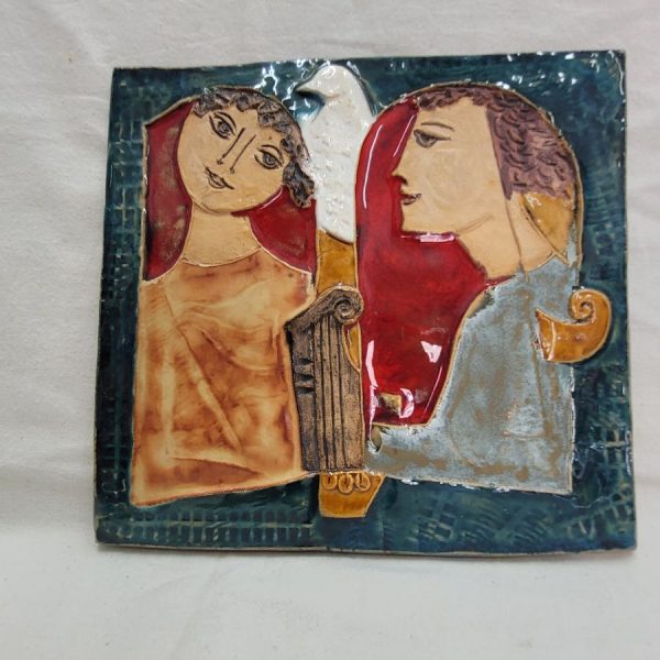 Handmade glazed ceramic tile King David offers to Bathsheba a dove, and Bathsheba enjoys it very much. Dimension  24.5 cm X 24 cm approximately.