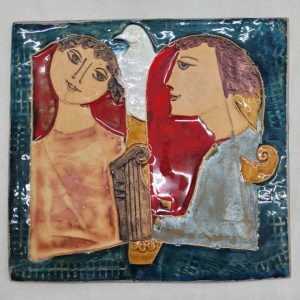 Handmade glazed ceramic tile King David offers to Bathsheba a dove, and Bathsheba enjoys it very much. Dimension  24.5 cm X 24 cm approximately.