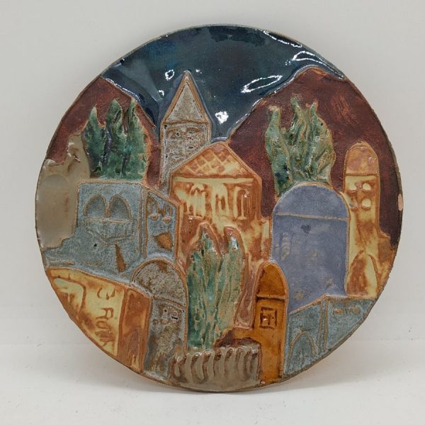 Handmade glazed ceramic Round Jerusalem houses tile and King David tower and different houses structures diameter 15 cm approximately.