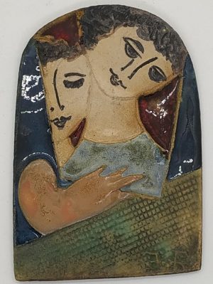 Ruth Factor hand made glazed ceramic Tile David embracing Bathsheba with deep love.  Dimension 11 cm X 17.2 cm approximately.