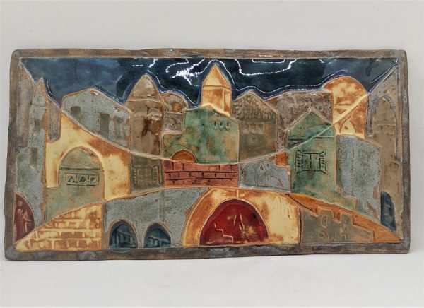 Handmade glazed ceramic tile made by Ruth Factor Jerusalem panorama the holy city of Jerusalem and in center the Western Wall. 