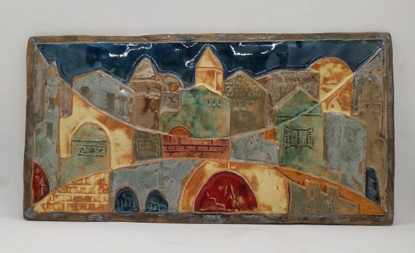 Handmade glazed ceramic tile made by Ruth Factor Jerusalem panorama the holy city of Jerusalem and in center the Western Wall. 