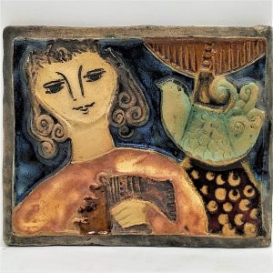 The famous ceramicist Ruth Factor made this glazed ceramic Ruth Factor Tile Bathsheba gazing at the peace dove 14.5 cm X 17.8 cm.