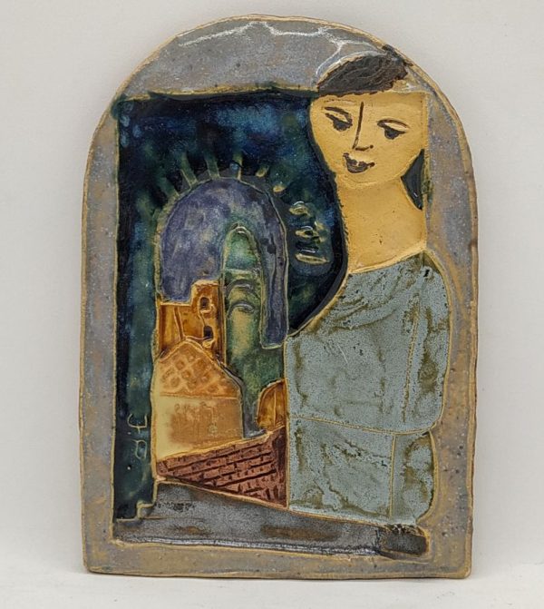 The famous ceramicist Ruth Factor made this ceramic Tile Bathsheba Sabbath candlelight. Bathsheba gazing at Jerusalem at Sabbath candlelight.