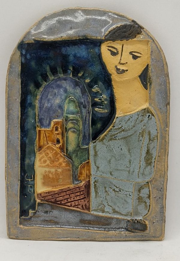 The famous ceramicist Ruth Factor made this ceramic Tile Bathsheba Sabbath candlelight. Bathsheba gazing at Jerusalem at Sabbath candlelight.
