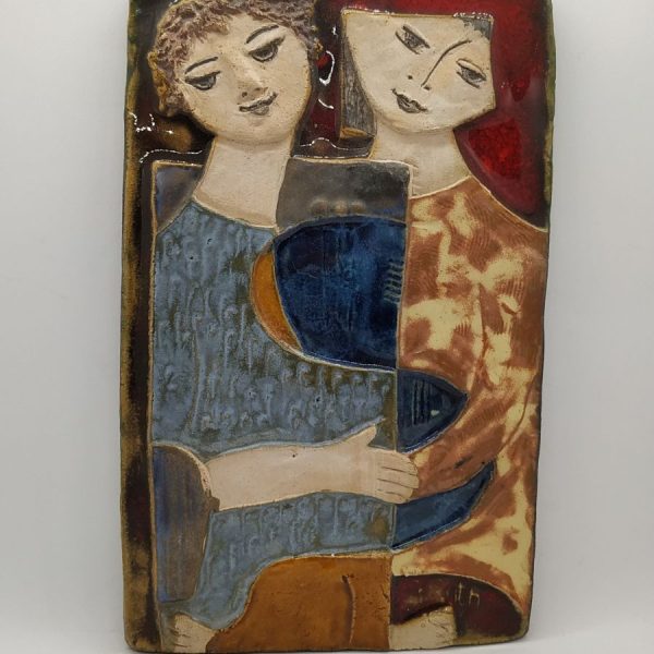 Handmade glazed ceramic tile King David holds Bathsheba's hand caressing Bathsheba's hand, and Bathsheba enjoying 29 cm X 18 cm.