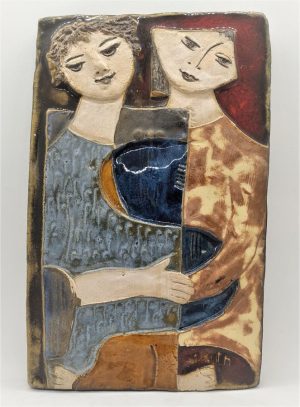 Handmade glazed ceramic tile King David holds Bathsheba's hand caressing Bathsheba's hand, and Bathsheba enjoying 29 cm X 18 cm.
