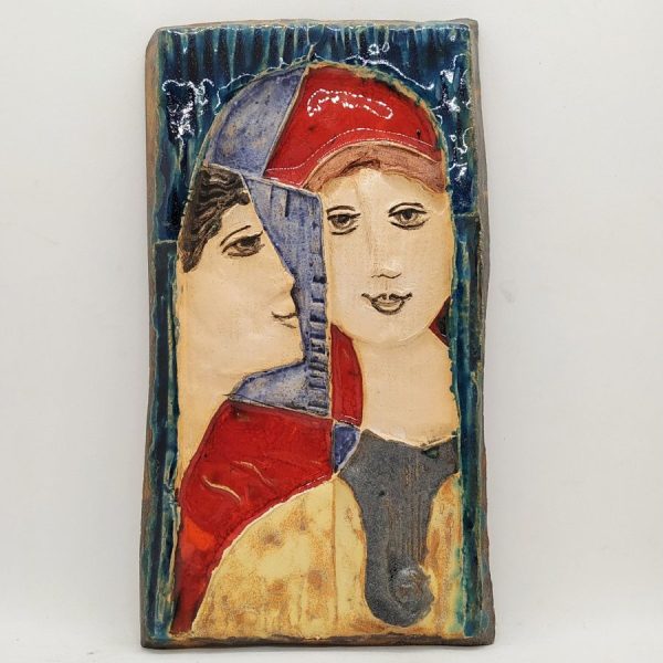 Handmade by Ruth Factor glazed ceramic Tile David admires Bathsheba his adorable beloved wife. Dimension  24.5 cm X 13 cm approximately.