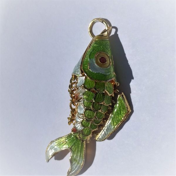 Silver Pendant Mobile Fish handmade and hand painted with green & yellow enamel. Dimension 4.9 cm X 2 cm 1.3 cm approximately.