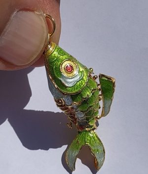 Silver Pendant Mobile Fish handmade and hand painted with green & yellow enamel. Dimension 4.9 cm X 2 cm 1.3 cm approximately.