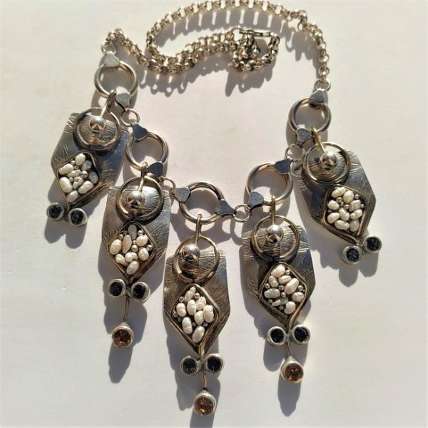 Necklace Silver Contemporary Pearls and crystal stones. The talented silversmith Lalo created a handmade sterling silver  contemporary necklace.