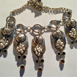 Necklace Silver Contemporary Pearls and crystal stones. The talented silversmith Lalo created a handmade sterling silver  contemporary necklace.