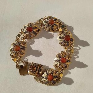 Vintage handmade sterling silver gold plated bracelet vintage filigree Agate, Yemenite filigree set with orange Agate stones.