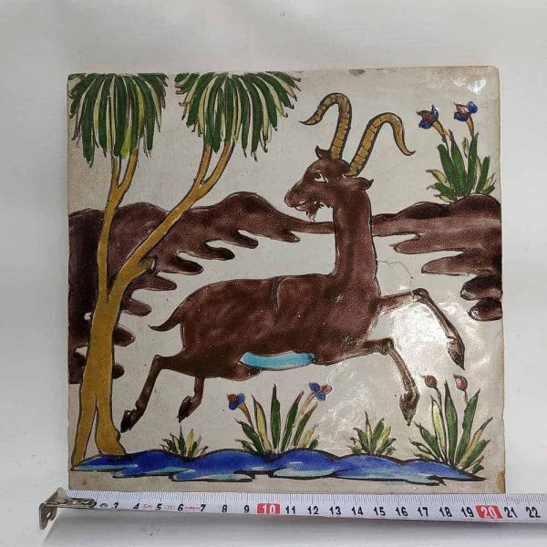 Vintage glazed ceramic tile deer in mating position. Handmade glazed ceramic tile vintage made in middle East early 19th century.