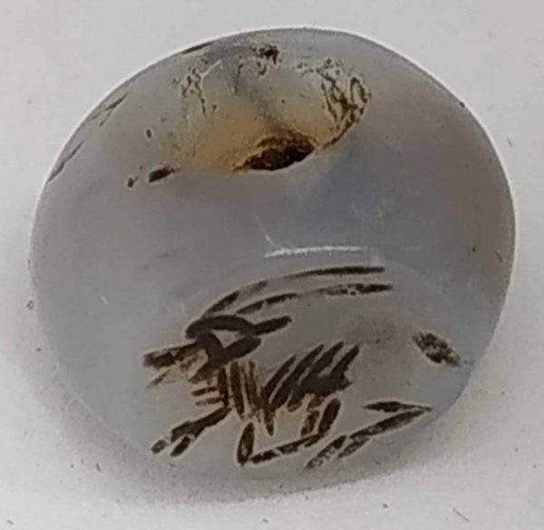 Vintage Seal Agate Bead with deer engraved.Antique personal seal gray agate stone with ancient deer with long horns. Bronze age with a hole in center.