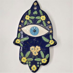 Ceramic Hamsa Eye Blue a big eye in center glazed and handmade by Raheli. Hamsa prevents the evil entering to our homes to affect our life.