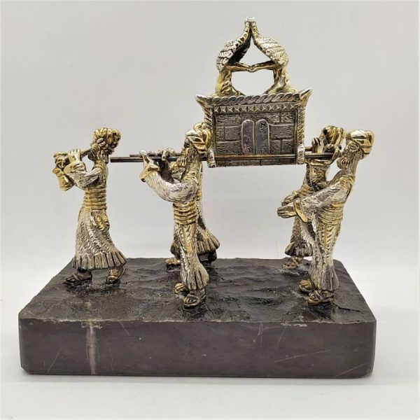 Silver Sculpture Covenant Ark handmade with black marble base.Handmade sterling silver sculpture of the ark of covenant with the Cherubim .