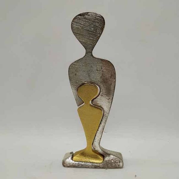 Pewter Sculpture Mother Child handmade brass silver and gold plated modern sculpture. A contemporary design of a mother and her beloved child.
