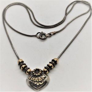 Handmade sterling silver necklace made by Leehee ElRoy "IKnewYou" in English with snake chain and gold beads. Chain length 46 cm.