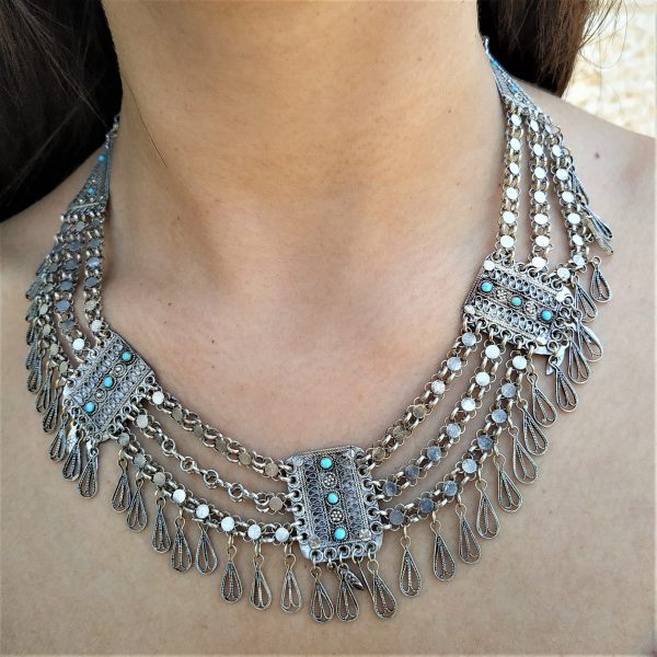Filigree Silver Necklace Turquoises vintage handmade. Sterling silver Yemenite filigree silver necklace with Turquoises vintage made in Israel.