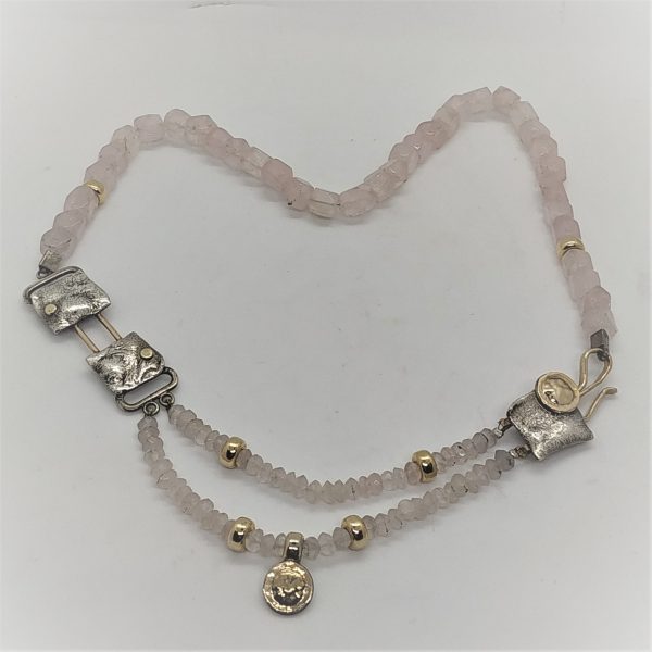 Faceted Rosequarts Beads Necklace with contemporary locket. Handmade silver and gold contemporary designs set with faceted Rosequarts beads necklace.
