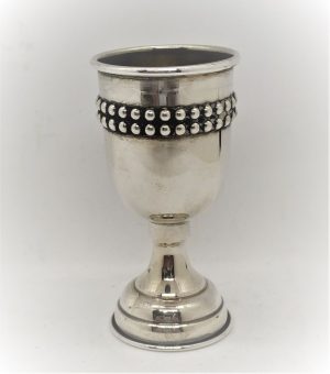 Silver Kiddush Cup Pearls two raw around. Small wine cup silver Kiddush cup pearls beads ,two raw around cup. Dimension diameter 3.7 cm X 7.2 cm.