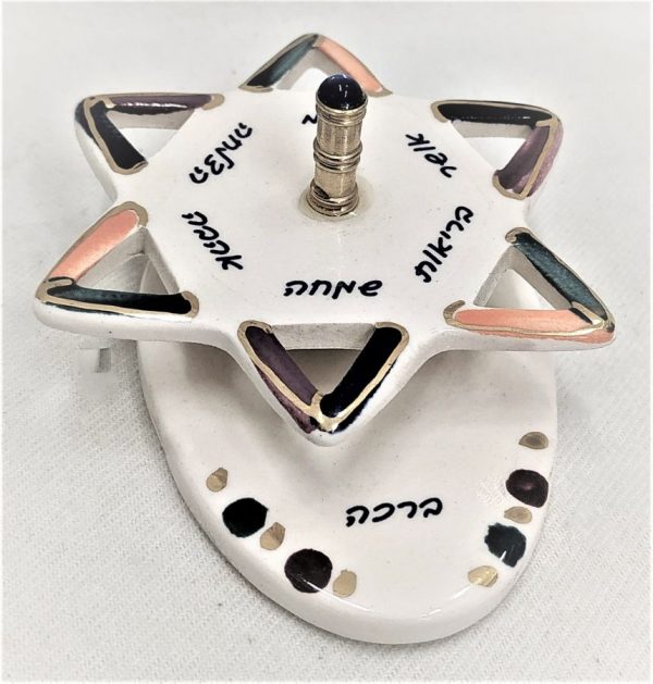 Dreidel ceramic home blessings as success, good luck, happiness , good health, joy and love.  Dimension 6.2 cm X 3.8 cm X 8.2 cm approximately.