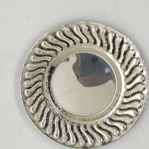 Handmade sterling silver Kiddush cup saucer waves embossed designs giving an illusion of motion around dish edges made in Israel.